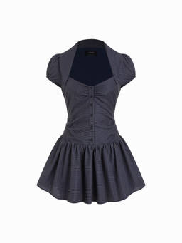 Cider - Plaid Women's Puff Sleeve Flared Mini Dress Navy Blue