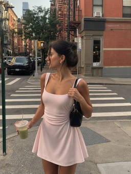 Cider - Ruched Women's Scoop Neck A-Line Mini Dress Pink