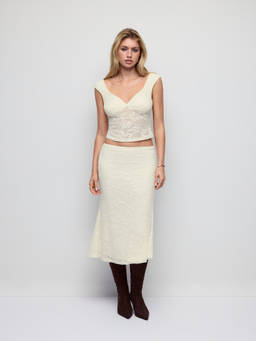 Cider - Floral Lace Women’s Lace-Up Back Top & Midi Skirt Set Cream