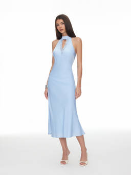 Cider - Satin Women's Lace Panel Halter Neck Maxi Dress Blue