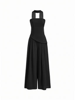 Cider - Chiffon Women's Bandeau Asymmetrical Lace-Up Wide-Leg Jumpsuit Black