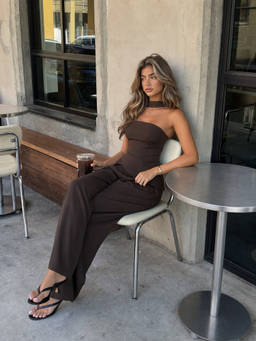 Cider - Chiffon Women's Bandeau Lace-Up Asymmetrical Wide-Leg Jumpsuit Brown
