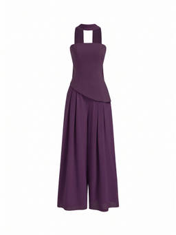 Cider - Chiffon Women's Strapless Lace-Up Wide-Leg Jumpsuit Purple