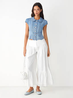 Cider - Denim Floral Women's Peter Pan Collar Puff Sleeve Blouse Blue