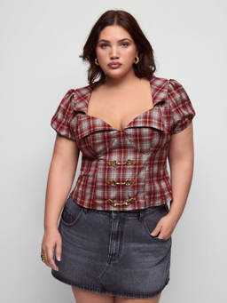 Cider - Plaid Women's Sweetheart Neck Puff Sleeve Metal Detail Blouse Wine