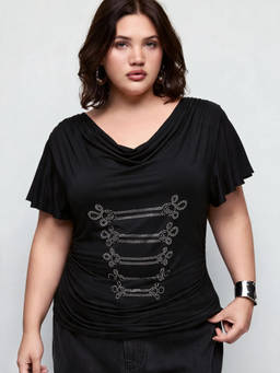 Cider - Rhinestone Graphic Women’s Ruched Cowl Neck Ruffle Sleeve Top Black
