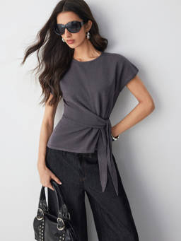 Cider - Wool-Blend Women's Twist Knot Short Sleeve Top Charcoal