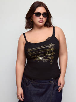 Cider - Cotton Blend Women’s Chain Graphic Scoop Neck Cami Top Black