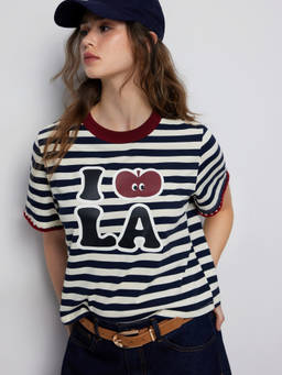Cider - Icon Graphic Women's Striped Oversized Crew Neck T-Shirt Navy Blue