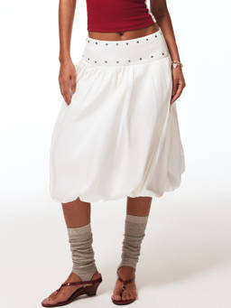 Cider - Cotton Women's Mid-Rise Metal Detail Bubble Hem Midi Skirt White