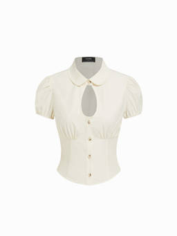 Cider - Plaid Women's Keyhole Puff Sleeve Button-Down Shirt Cream