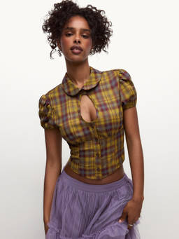 Cider - Plaid Women's Keyhole Collar Neck Button-Down Shirt Mustard