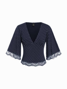 Cider - Polka Dot Women’s V-Neck Bell Sleeve Lace Trim Top Navy Blue