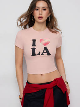 Cider - I Love LA Women's Graphic Cotton Blend Crop Top Pink