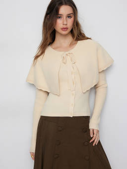 Cider - Knit Bowknot Women Cape Button-Up Cardigan Beige