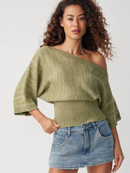Cider - Knit Textured Women’s Asymmetrical Neck Batwing Sleeve Top Green