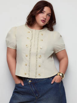 Cider - Cotton Women's Puff Sleeve Lace Panel Blouse Khaki
