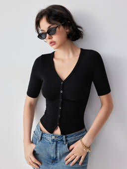 Cider - Ruched Split Hem Women's V-Neck Mid Sleeve Top Black