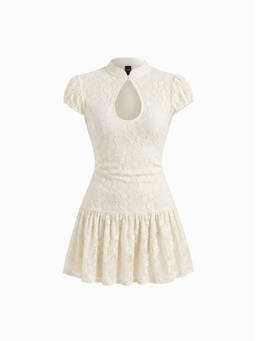 Cider - In Memories Women's Lace Cutout Keyhole Neck Mini Dress Cream