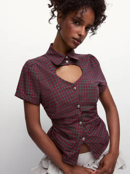 Cider - Heart Cutout Women Checked Button-Down Shirt Burgundy