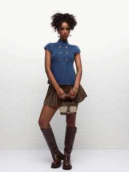Cider - Cable Knit Women’s Mock Neck Cap Sleeve Top Blue