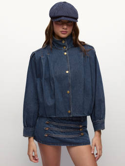 Cider - Doodles Women's Oversized High Neck Denim Jacket Indigo