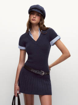 Cider - Uniform-Inspired Women's Collared V-Neck Mini Dress Navy Blue