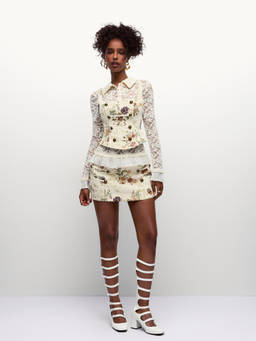 Cider - Floral Jacquard Women's Square Neck Corset Top Beige