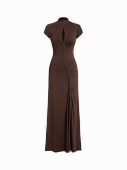 Cider - High Neck Women's Cut-Out Split A-Line Maxi Dress Brown