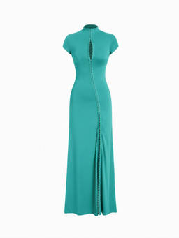 Cider - Women's High Neck Cut-Out Split A-Line Maxi Dress Teal