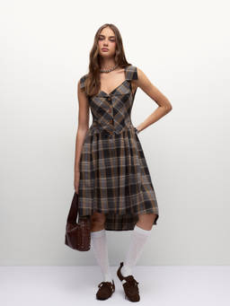 Cider - Royal Reject Women's Checked Sleeveless Flared Knee Length Dress Grey