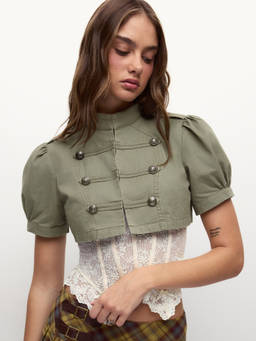 Cider - My Way Women's Solid Puff Sleeve High Neck Crop Top Green
