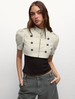 Cider - Military Style Women’s Puff Sleeve Crop Top Light Grey