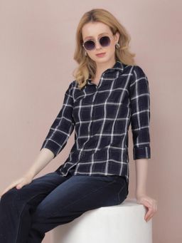 CRIMSOUNE CLUB - Womens Navy Blue Checked Shirt