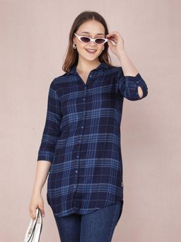 CRIMSOUNE CLUB - Womens Navy Blue Checked Pure Cotton Long Shirt