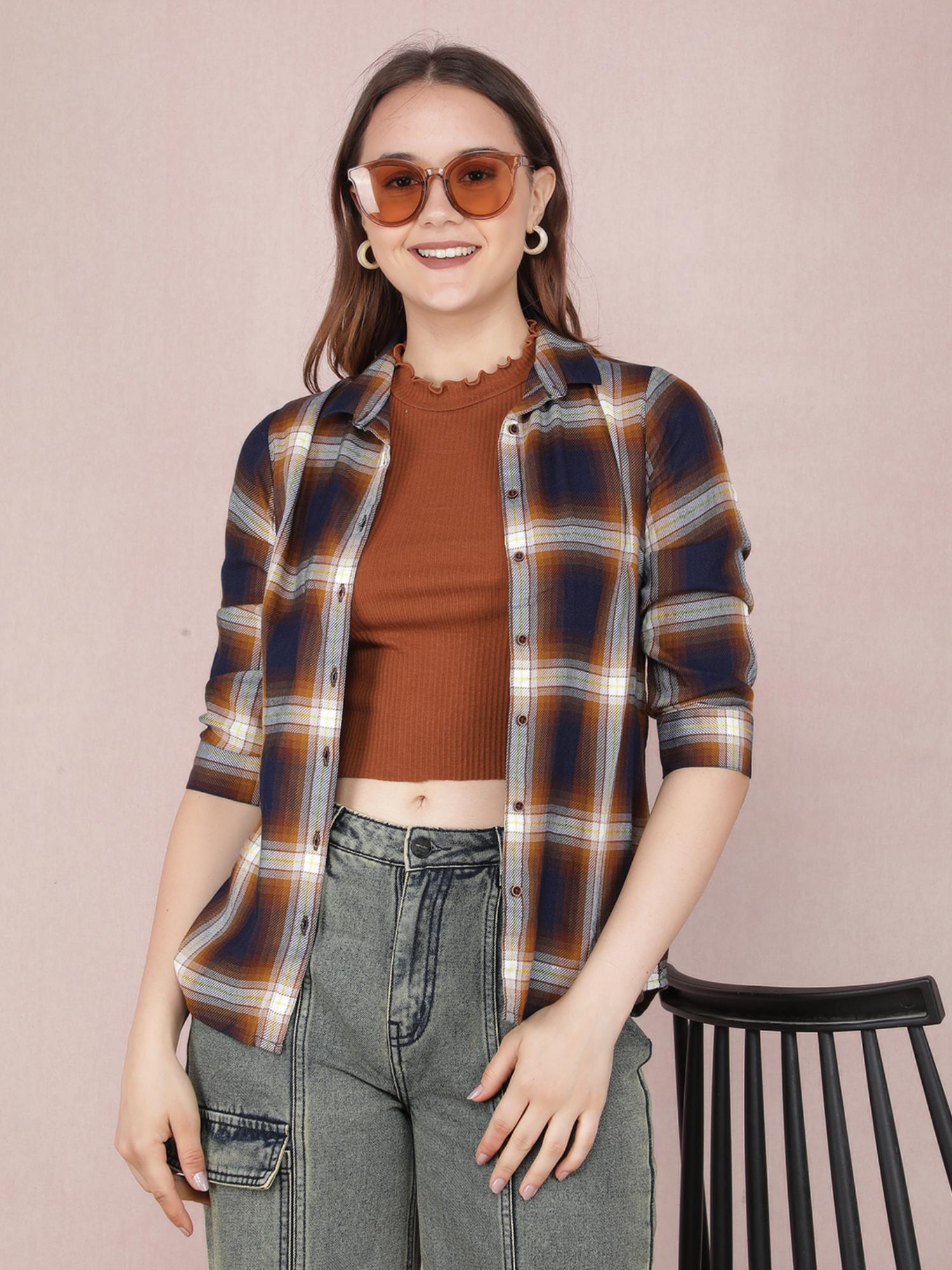 crimsoune club Womens Brown Checked Shirt-picture-11
