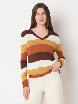 VERO MODA - Brown Colourblocked Stripes Knit Sweater