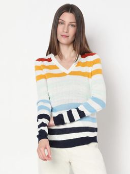 VERO MODA - White Colourblocked Stripes Knit Sweater