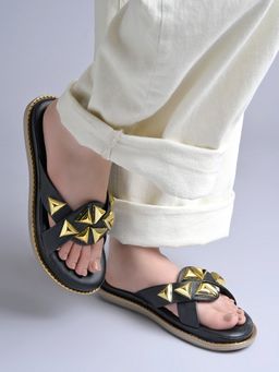 Shoetopia - Women Gold Pyramid Studded Crossover Flats