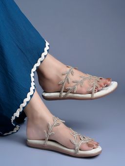 Shoetopia - Women Rhinestone Leaf Embellished Flats - Golden