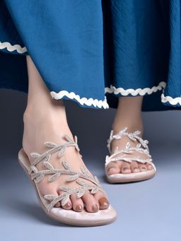 Shoetopia - Women Rhinestone Leaf Embellished Velvet Flats - Rose Gold