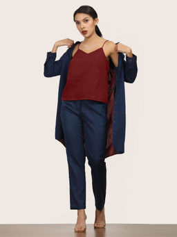 Saltpetre - Women Navy Blue and Maroon Color Block Small Collar Long Shirt Overlay