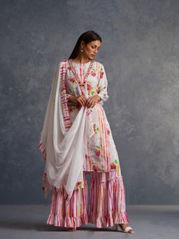 AFFROZ - White Blossom Printed Kurta with Sharara and Dupatta (Set of 3)