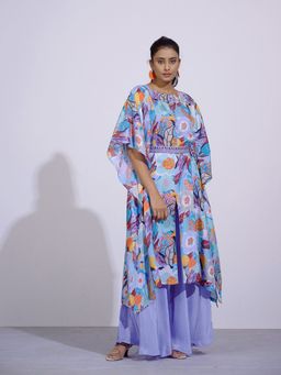 AFFROZ - Gul Blue Printed Kaftan and Flared Palazzo with Belt (Set of 3)