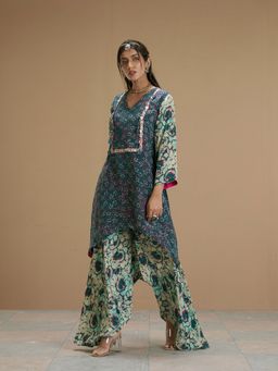 AFFROZ - Taabir Green Asymmetrical Kurta with Flared Palazzo (Set of 2)