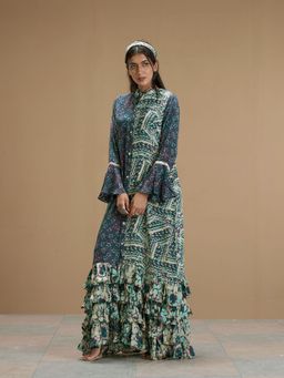 AFFROZ - Taabir Green Color Printed Ruffled Maxi Dress