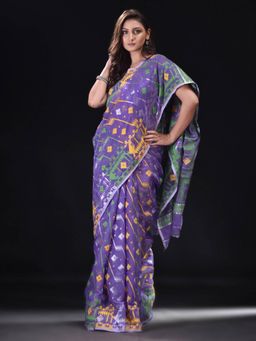 Beatitude - Purple Cotton Silk Woven Jacquard Jamdani Saree with Unstitched Blouse