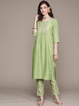 Ziyaa - Womens Parrot Green Chinon Straight Kurta and Pant (Set of 2)