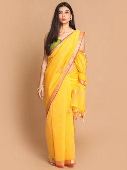 Indethnic - Banarasi Yellow Solid Daily Wear Saree With Unstitched Blouse