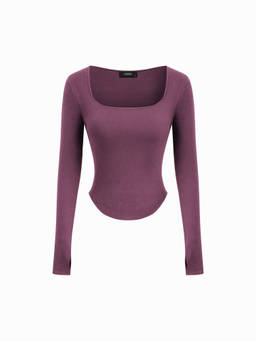 Cider - Cotton-Blend Women's Thumb Hole Square Neck Thermal Top Purple